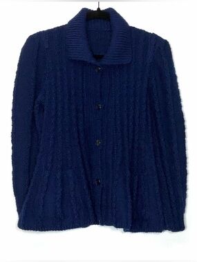 Women’s Navy Shawl Collar Peplum Cable Knit Button Sweater